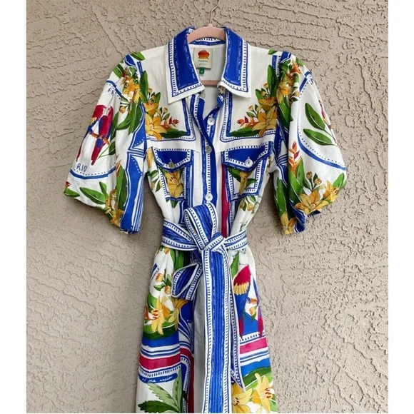 FARM RIO Blue White Tropical Floral Print Puff Sleeve Belted Linen Midi
Dress - Picture 4 of 5